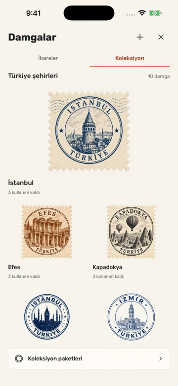 Kaşeİmza: Damga koleksiyonu ekranı